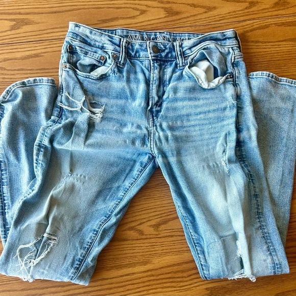 AR Men’s Light Wash Distressed Jeans 30x32 Slim Straight Ripped Patched Vintage - Picture 2 of 5